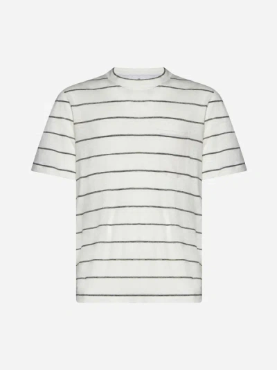 Shop Brunello Cucinelli Striped Cotton And Linen T-shirt In Ivory,grey