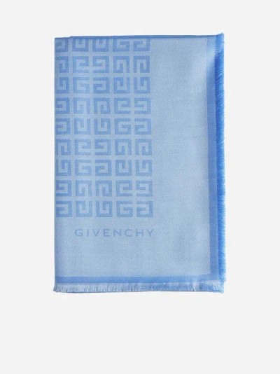 Shop Givenchy 4g Silk And Wool Shawl In Cornflower,silver