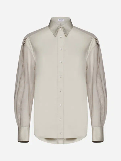 Shop Brunello Cucinelli Cotton-blend And Tulle Shirt In Stony Ground