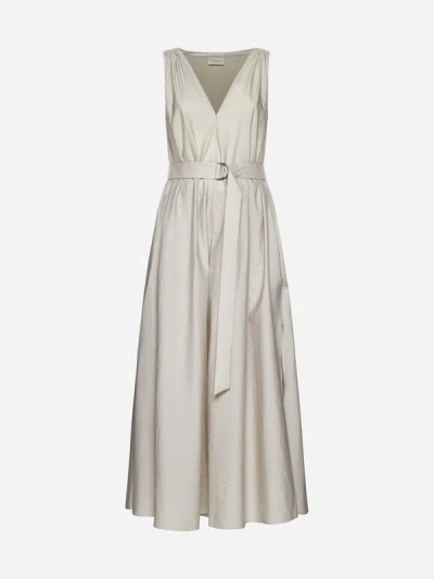 Shop Brunello Cucinelli Belted Cotton-blend Long Dress In Beige