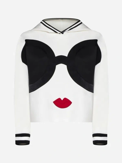 Shop Alice And Olivia Oscar Stace Face Wool-blend Knit Hoodie In Soft White