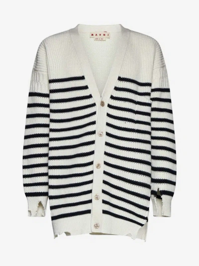 Shop Marni Striped Wool And Cotton Cardigan In White,black