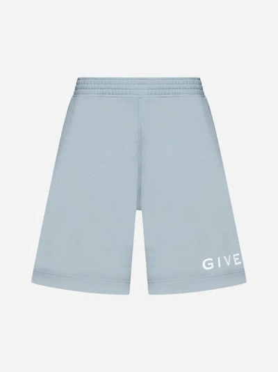 Shop Givenchy Logo Cotton Shorts In Mineral Blue