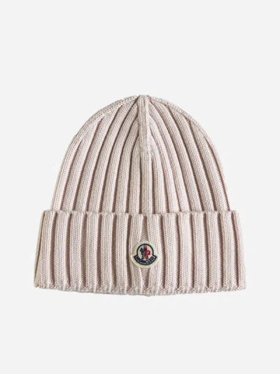 Shop Moncler Ribbed Knit Wool Beanie In Pink
