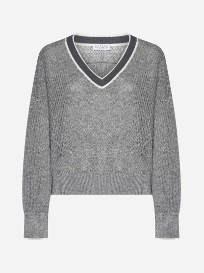 Shop Brunello Cucinelli Sequined Linen Sweater In Mid Grey