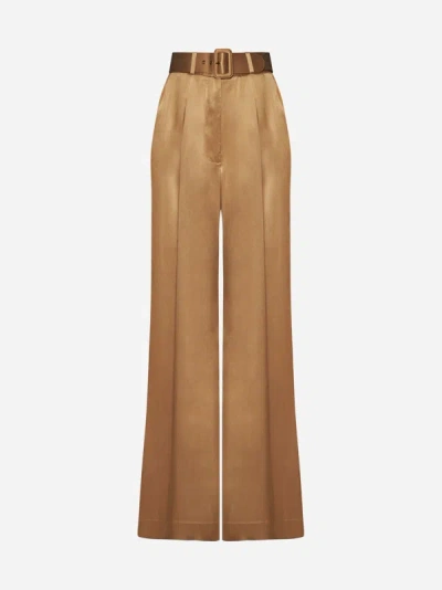 Shop Zimmermann Belted Silk Trousers In Sand
