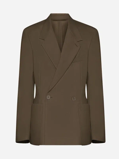 Shop Lemaire Wool-blend Double-breasted Blazer In Taupe Melange