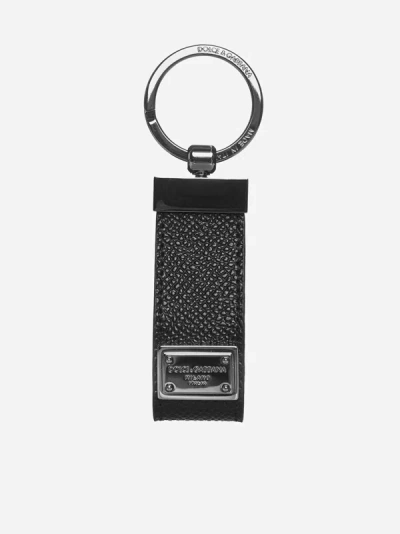 Shop Dolce & Gabbana Logo-plaque Leather Keychain In Black
