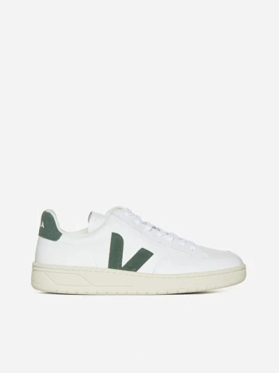 Shop Veja V-12 Leather Sneakers In White,green
