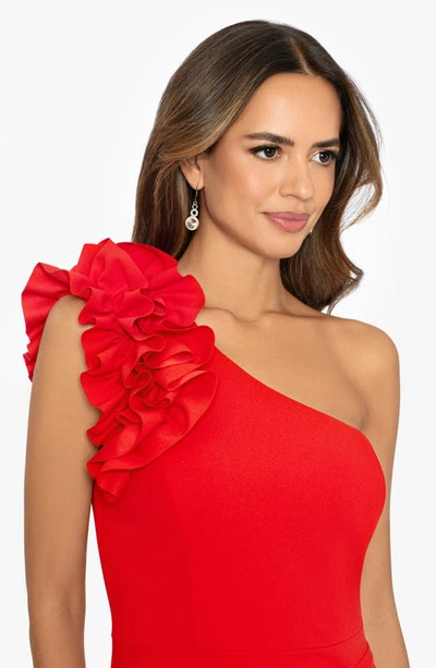 Shop Xscape Ruffle One-shoulder Scuba Crepe Gown In Red