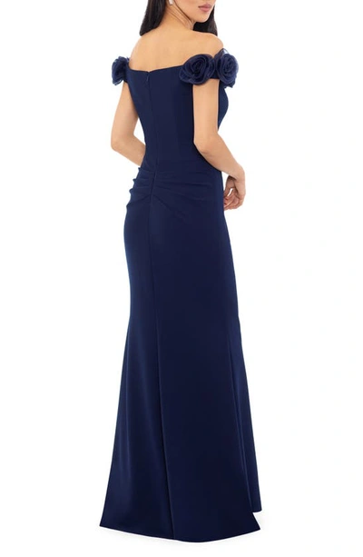 Shop Xscape Floral Appliqué Off The Shoulder Gown In Navy