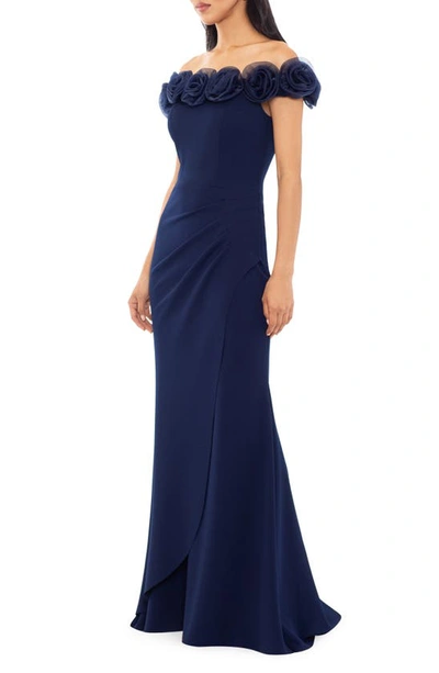 Shop Xscape Floral Appliqué Off The Shoulder Gown In Navy