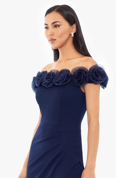 Shop Xscape Floral Appliqué Off The Shoulder Gown In Navy