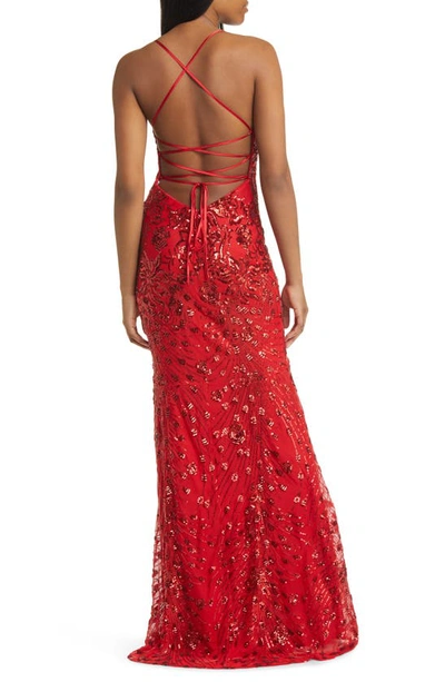 Lulus Photo Finish Sequin High-low Maxi Dress In Red/ Shiny Red