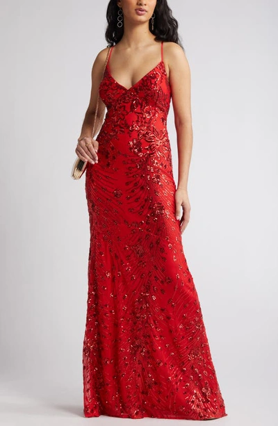 Shop Lulus Photo Finish Sequin High-low Maxi Dress In Red/ Shiny Red