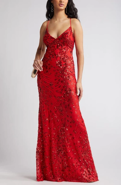 Lulus Photo Finish Sequin High-low Maxi Dress In Red/ Shiny Red