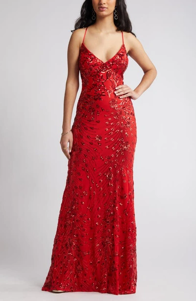 Lulus Photo Finish Sequin High-low Maxi Dress In Red/ Shiny Red