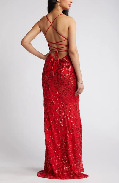 Lulus Photo Finish Sequin High-low Maxi Dress In Red/ Shiny Red