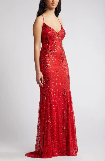 Lulus Photo Finish Sequin High-low Maxi Dress In Red/ Shiny Red