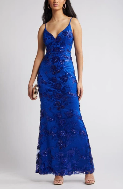 Shop Lulus Shine Language Floral Sequined Lace Gown In Shiny Royal Blue