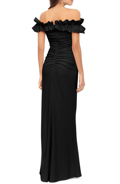 Xscape Ruffle Off The Shoulder Ruched Gown In Black