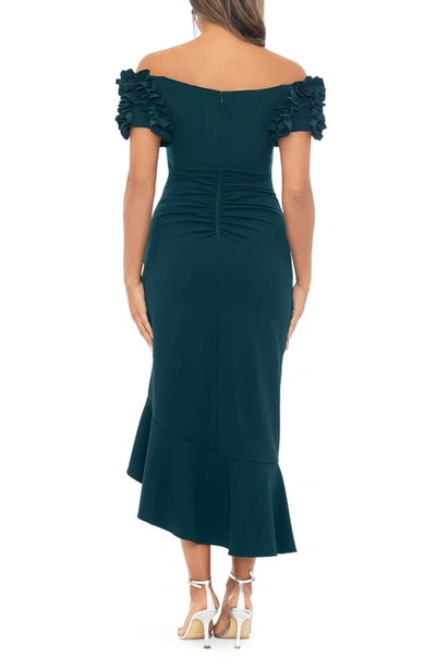 Shop Xscape Ruffle Off The Shoulder Midi Cocktail Dress In Pine
