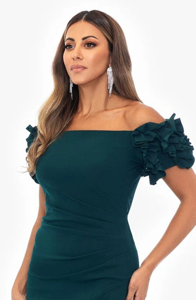 Shop Xscape Ruffle Off The Shoulder Midi Cocktail Dress In Pine