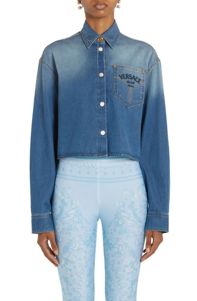 Shop Versace Medusa Embroidered Crop Denim Snap-up Shirt In Medium Blue
