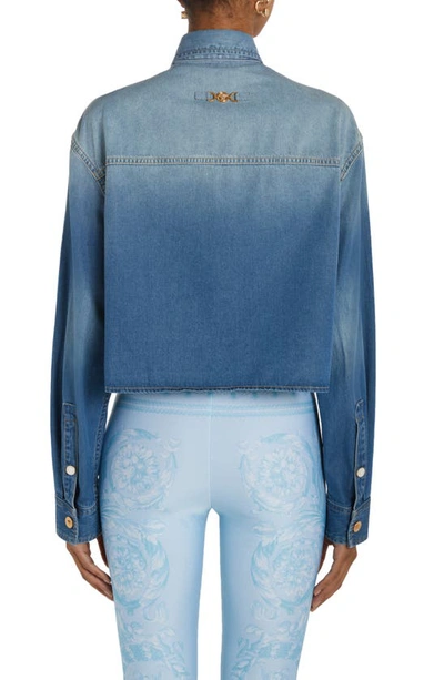 Shop Versace Medusa Embroidered Crop Denim Snap-up Shirt In Medium Blue