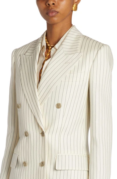 Shop Tom Ford Pinstripe Double Breasted Wool & Silk Blend Blazer In Ecru/ Black