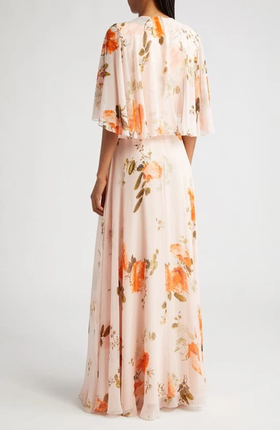 Shop Erdem Floral Print Cape Sleeve Silk Chiffon Gown In Shell Pink