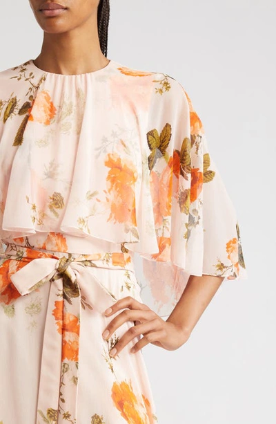 Shop Erdem Floral Print Cape Sleeve Silk Chiffon Gown In Shell Pink