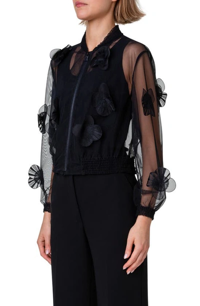 Shop Akris Taida Poppy Appliqué Sheer Bomber Jacket In Black