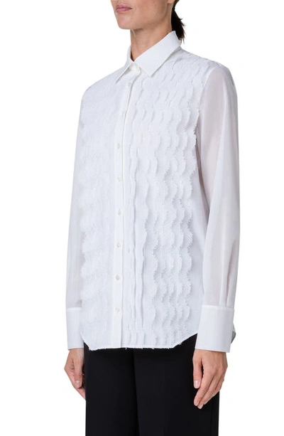 Shop Akris Scalloped Netting Cotton Poplin Shirt In Ecru