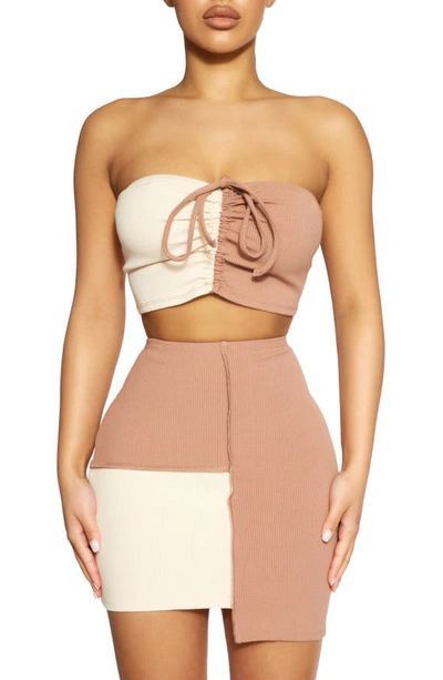 Shop Naked Wardrobe Square Strapless Crop Top In Oatmeal/coco