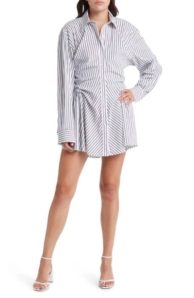 Shop Moon River Striped Shirred Ruched Shirt Dress In White/black In Multi
