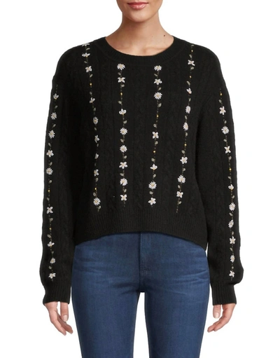 Shop White + Warren Cashmere Floral Embroidered Cable Crewneck In Black