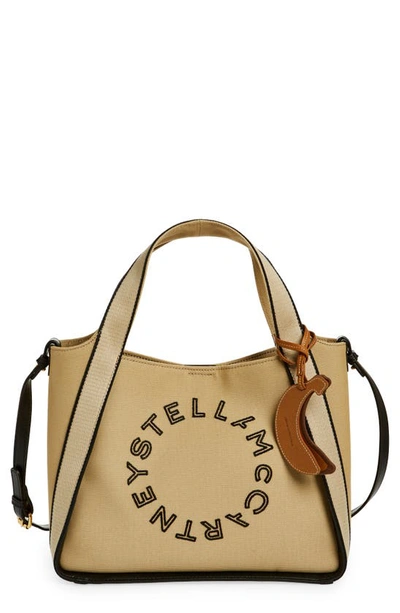 Shop Stella Mccartney Large Embroidered Logo Canvas Convertible Tote In Sand
