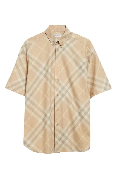 Shop Burberry Equestrian Knight Detail Check Oversize Cotton Button-down Shirt In Flax Ip Check