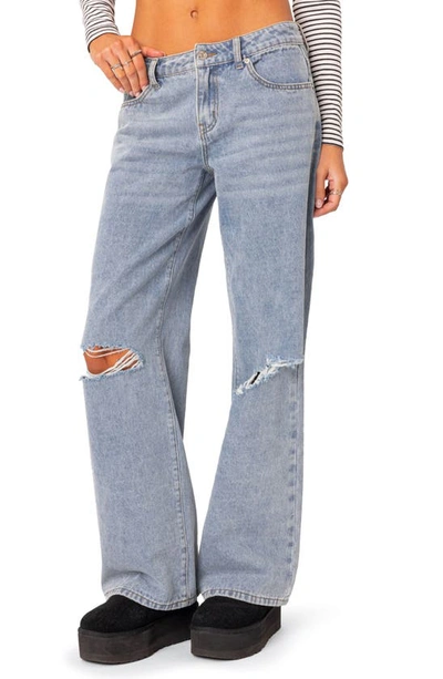 Shop Edikted Debbie Ripped Low Rise Wide Leg Jeans In Light-blue