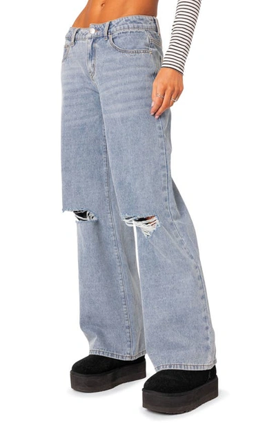 Shop Edikted Debbie Ripped Low Rise Wide Leg Jeans In Light-blue