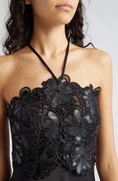 Shop Ramy Brook Mora Floral Lace Bodice Halter Gown In Black Floral Embellished