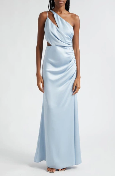 Shop Ramy Brook Kaydence One-shoulder Cutout Detail Satin Sheath Gown In Crystal Blue