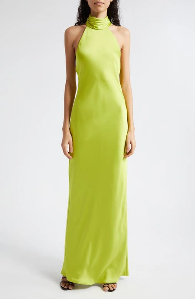 Shop Ramy Brook Tatiana Halter Neck Satin Gown In Lime