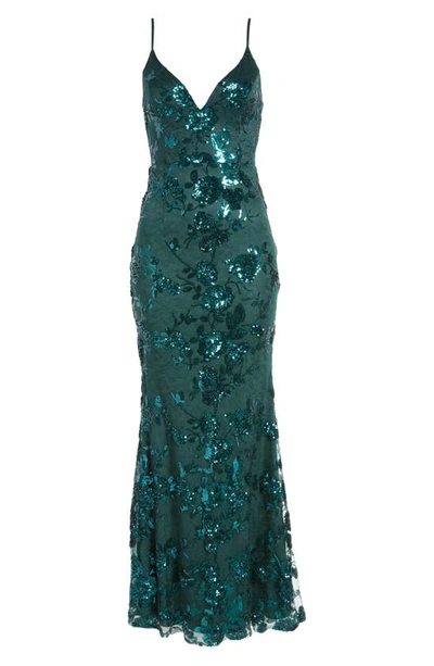 Lulus Shine Language Floral Sequined Lace Gown In Shiny Emerald