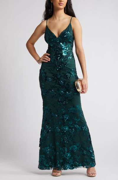 Lulus Shine Language Floral Sequined Lace Gown In Shiny Emerald