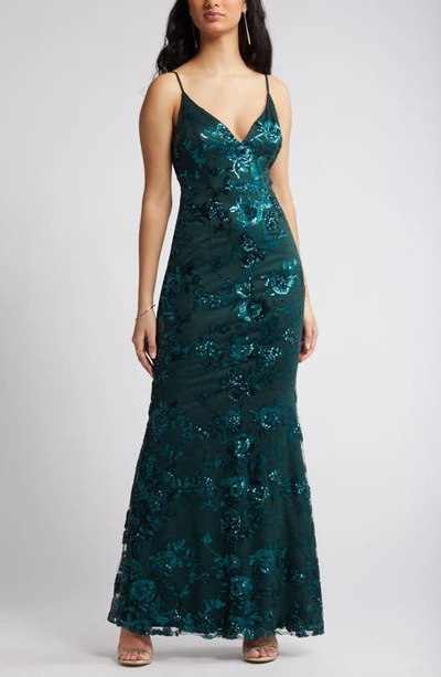 Lulus Shine Language Floral Sequined Lace Gown In Shiny Emerald