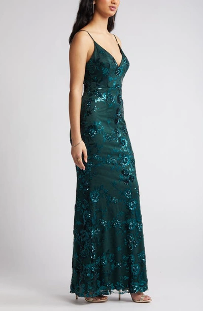 Lulus Shine Language Floral Sequined Lace Gown In Shiny Emerald