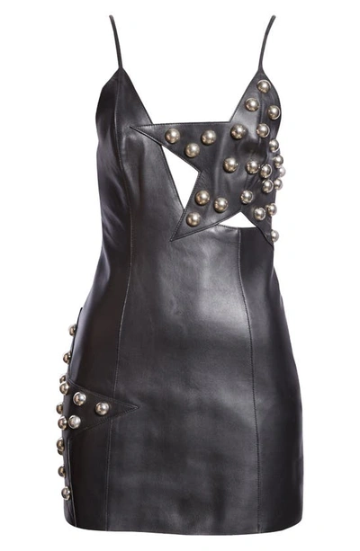 Shop Area Star Studded Cutout Leather Minidress In Black