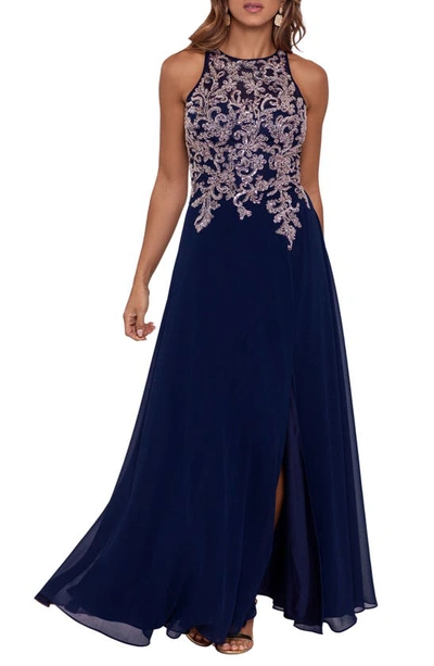 Betsy & Adam Embellished-bodice Chiffon Gown In Navy/ Rose